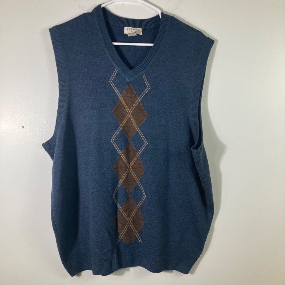 Mens Dockers Sweater Vest Navy Brown Diamonds Acrylic XL